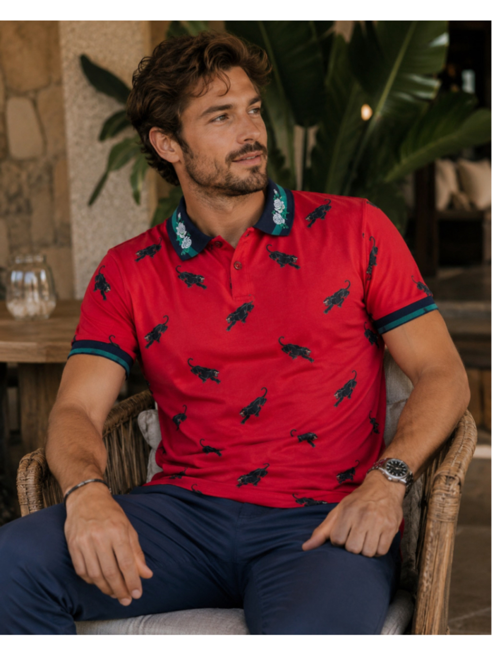 Men's RS1NE Red Black Panther Print Polo Shirt XL Summer